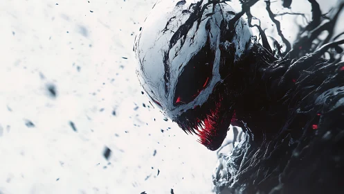 Monochrome symbiotic creature with glowing red void eyes.