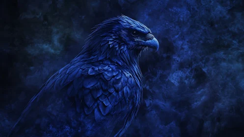 Midnight blue phoenix watching the quiet storm clouds.