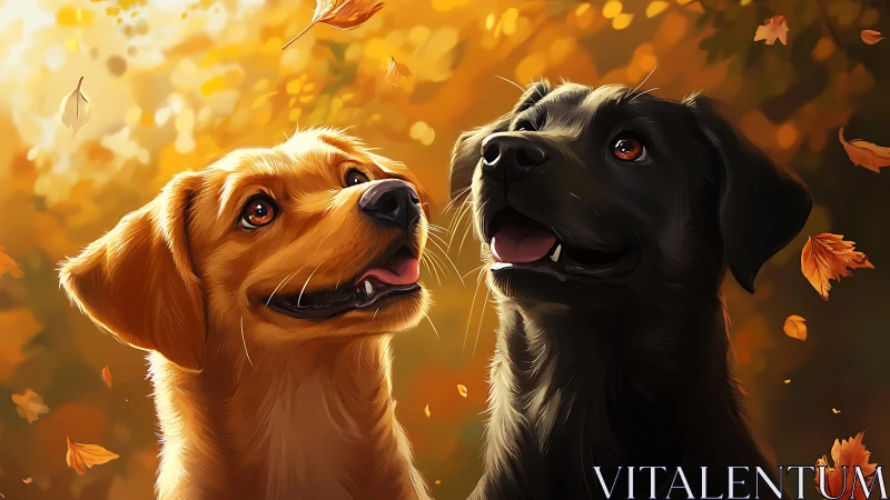 Two dogs in warm autumn light with falling leaves.