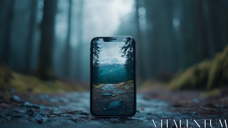 Smartphone displaying mountain landscape view on forest ground.