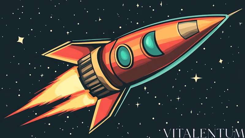 Colorful retro rocket blasts through a starry night sky