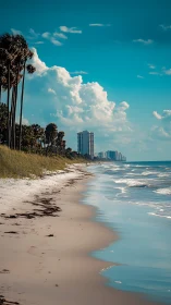 Coastal skyline with palms under deep cyan afternoon sky.