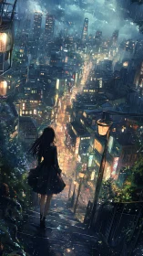 Solitary figure on rainy stairway above illuminated city street.