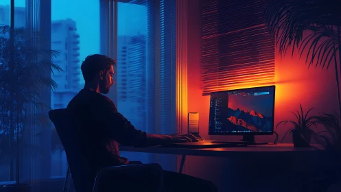 Cinematic home office workstation in dual-tone lighting design.