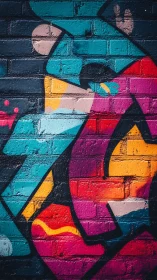 Vibrant geometric graffiti on textured urban brick wall.