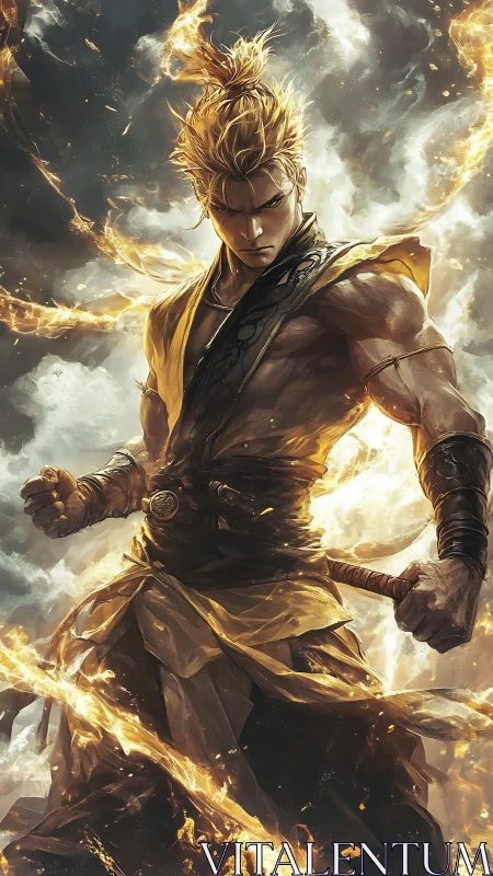 Fire-wreathed warrior channels storm-lit elemental fury.