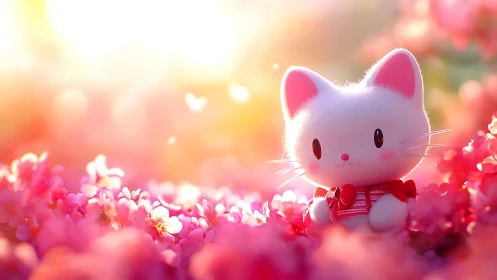 White Kawaii Cat Character in Vibrant Pink Flower Garden.