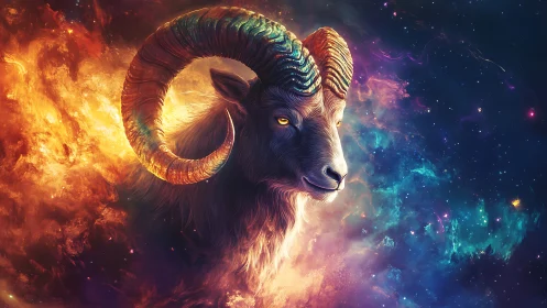 Cosmic ram guardian glowing within swirling stardust sky.