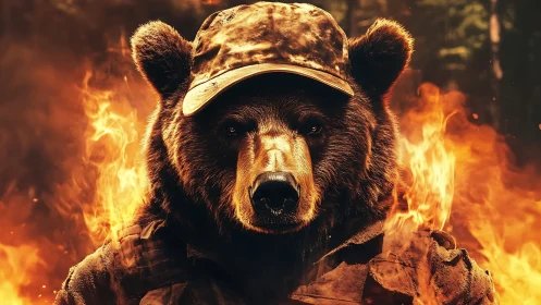 Armored grizzly bear stands defiant amid raging forest fire
