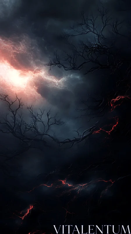 Stormlit dead branches twist through a dark inferno sky.