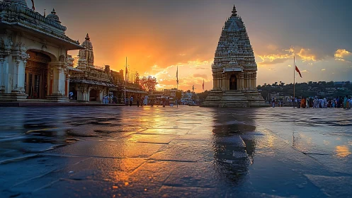 Sunset view of temple complex with reflective stone courtyard.