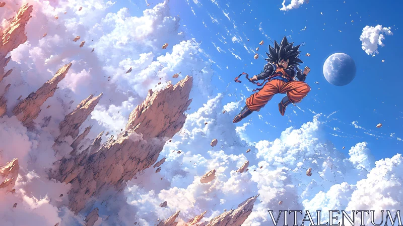 Skyward warrior soaring above shattered cloud peaks.