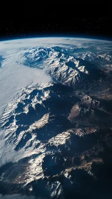Snowlit mountain spine drifts toward the quiet edge of space