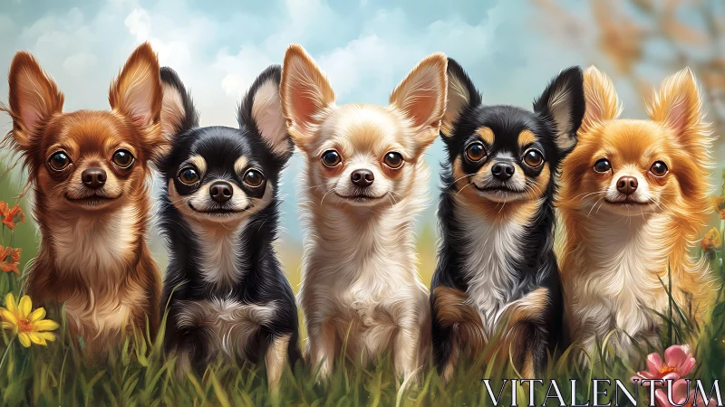 Digital portrait row of five longhair chihuahuas outdoors.