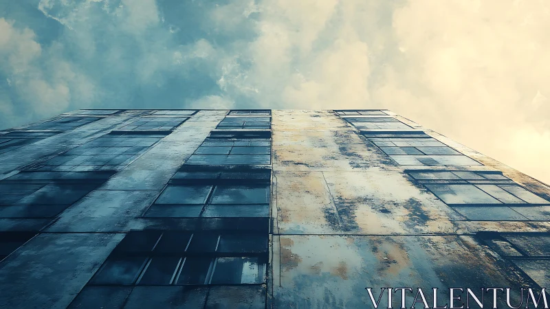 Low-angle urban facade study with weathered reflective glazing.