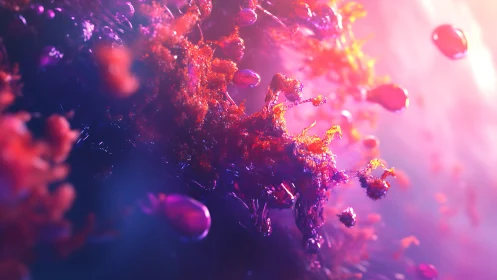 Luminous microcosm glows in surreal magenta nebula.