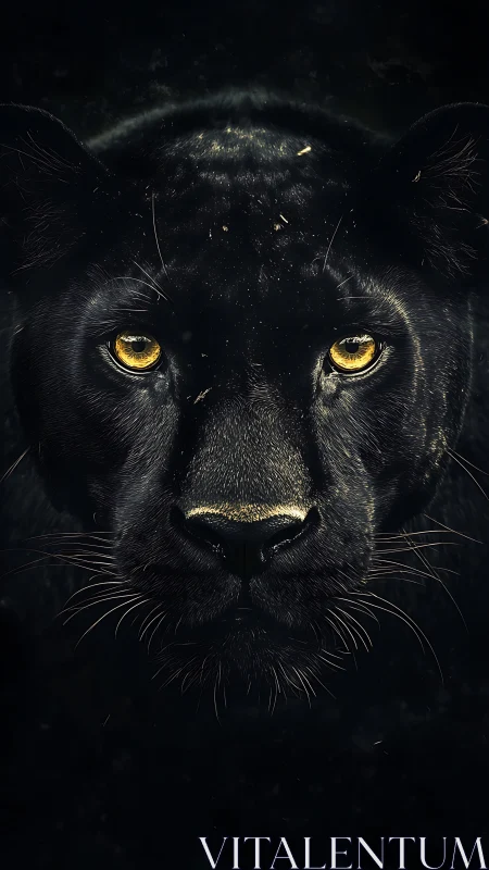 Black Panther with Glowing Golden Eyes Emerges from Darkness.