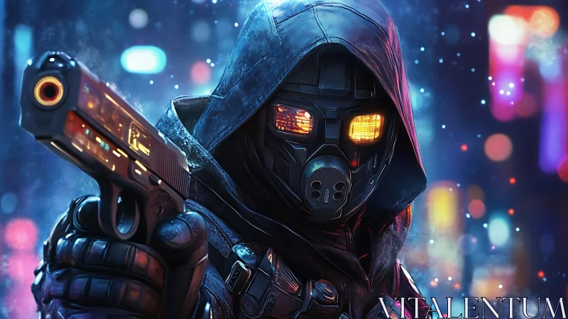 Cybernetic enforcer in neon bokeh alley with plasma sidearm.