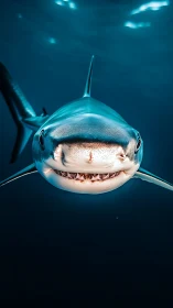 Close frontal portrait of streamlined shark in open ocean