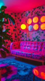 Neon-lit retro lounge with botanical wallpaper and sofa.