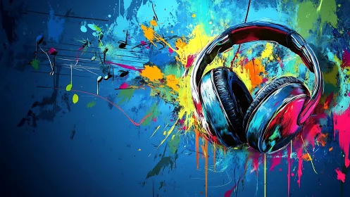 Chromatic over-ear headphones amid kinetic paint acoustics.