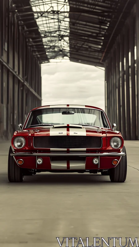 Red classic muscle car stands centered in industrial hangar
