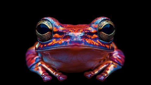 Prismatic tree frog stares like a neon oracle in darkness.
