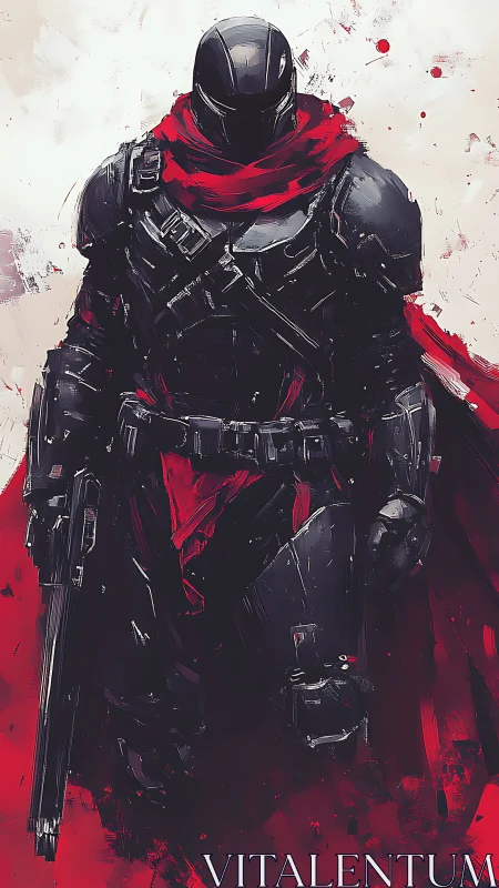 Armored futuristic warrior in black armor and red scarf.