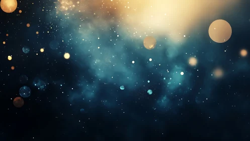 Abstract cosmic field with scattered circular light forms.