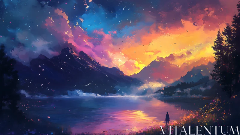 Twilight mountains ignite above a dreaming starlit lake.