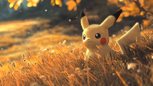 Small yellow creature stands in tall backlit autumn grass