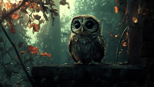 Enchanting Owl in Moody Forest at Dusk, Digital Art Style.