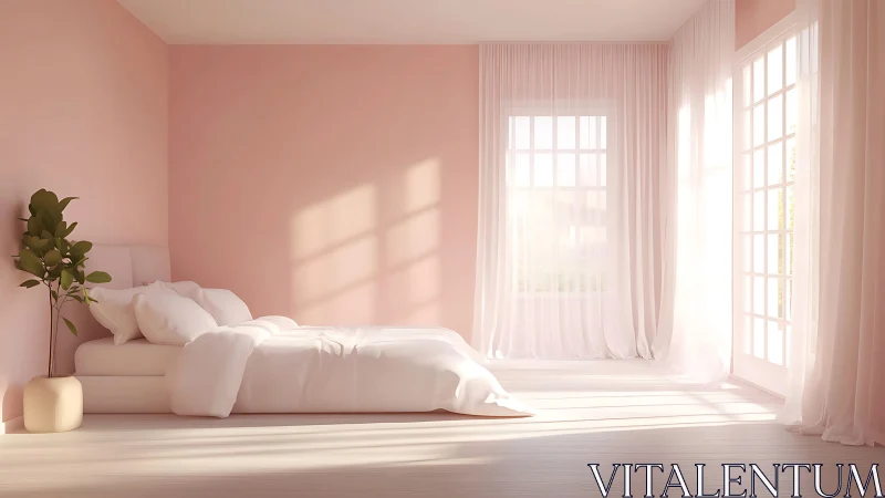 Soft pink minimalist bedroom with sunlight and draped curtains.
