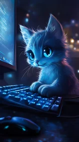 Digital Felid With Luminous Features at Workstation Interface