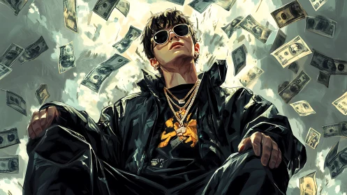 Hyperreal rap icon under dynamic dollar cascade composition.