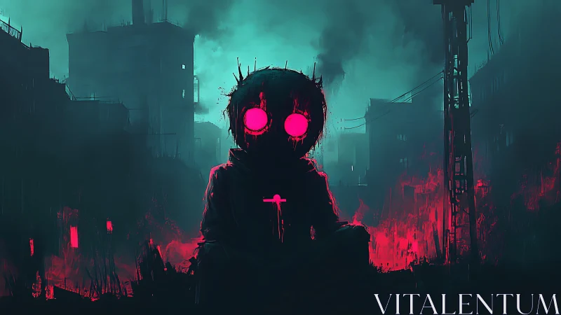 Neon-eyed figure amid burning cyberpunk ruins at night.