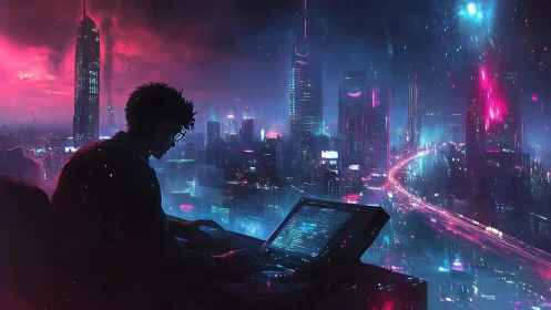 Cyberpunk artist codes neon skyline on glowing tablet.