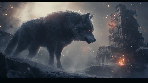 Giant wolf dominates burning frozen fortress ruins at dusk.