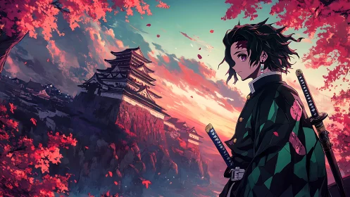 Anime swordsman before cliffside Japanese castle at dusk.