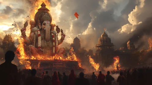 Ganesha statue amid temple fire and dense gathering crowd.