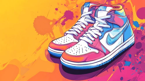 Color-splashed sneakers daydream loudly on neon pavement