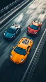 Photorealistic triple supercar sprint with dynamic motion blur.
