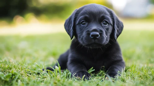 Black labrador puppy lies on grass under soft daylight