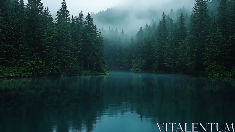 Misty Coniferous Lake Landscape with Dense Forest Reflection.