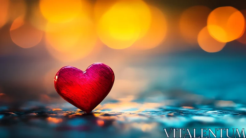 Red glass heart sculpture with bokeh light background and water reflections.