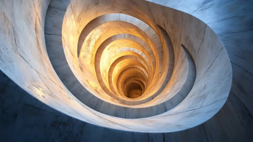 Spiral concrete atrium descends in warm-cool tonal contrast