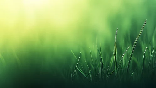 Close-up green grass blades in soft dreamy sunlight, nature art.