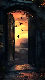 Rustic doorway framing harbor sunset with silhouetted birds