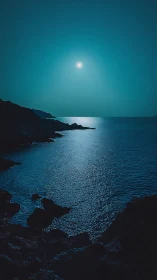 Moonlit coastal inlet under deep teal night sky.