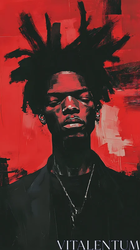 Portrait of stoic figure against bold red abstract field